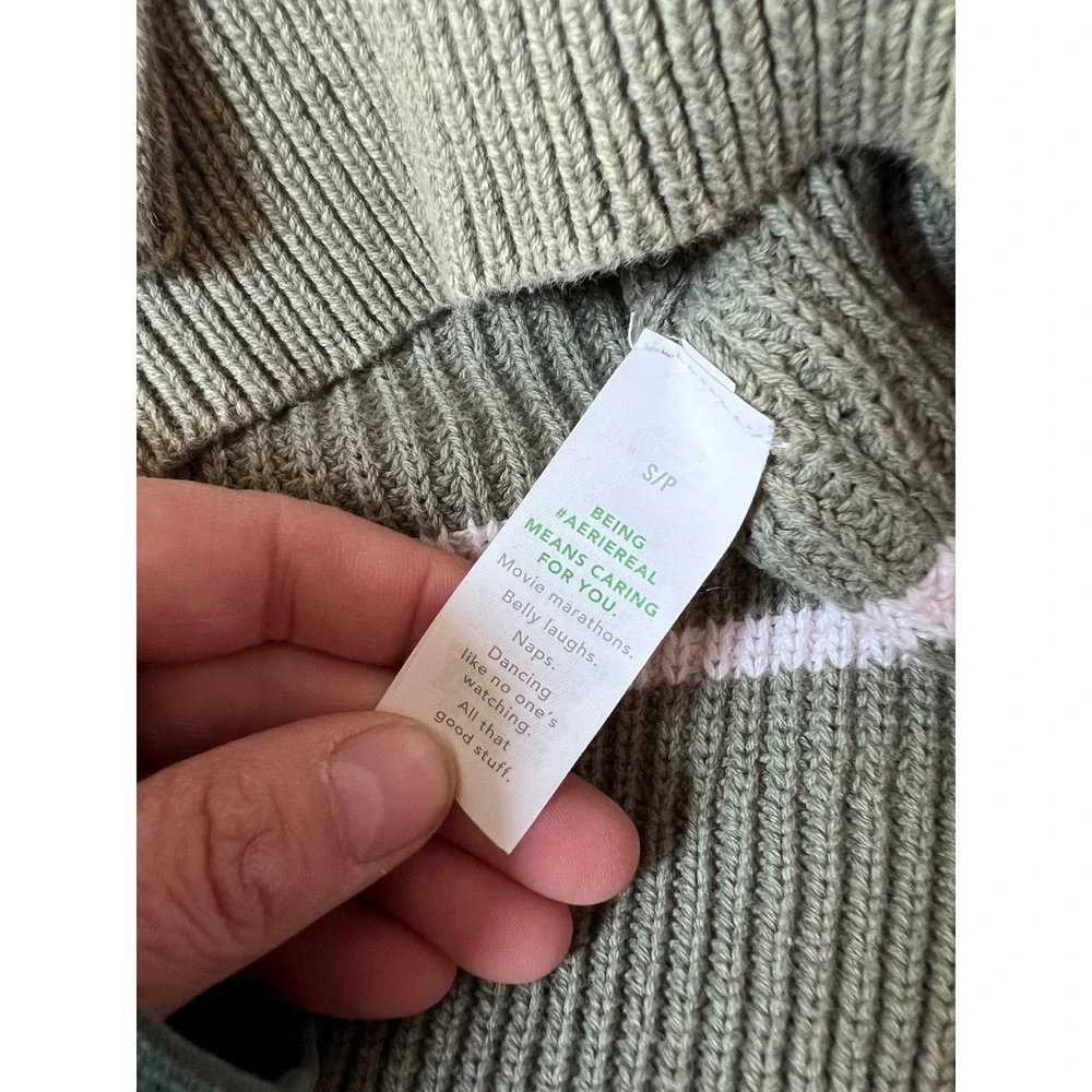 Aerie Womens Olive Green Striped Ribbed V-Neck Cotton Oversized Sweater‎ Small